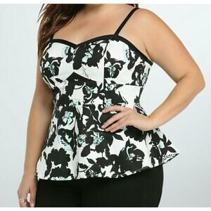 Torrid Floral Peplum Structured Tank Top Black White Lined Blouse Sz 1 / XL